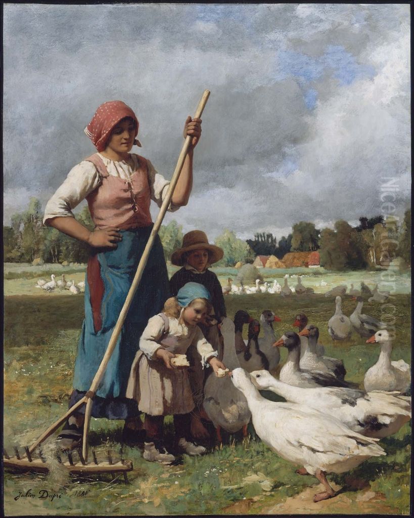 Children Feeding Geese Oil Painting by Julien Dupre