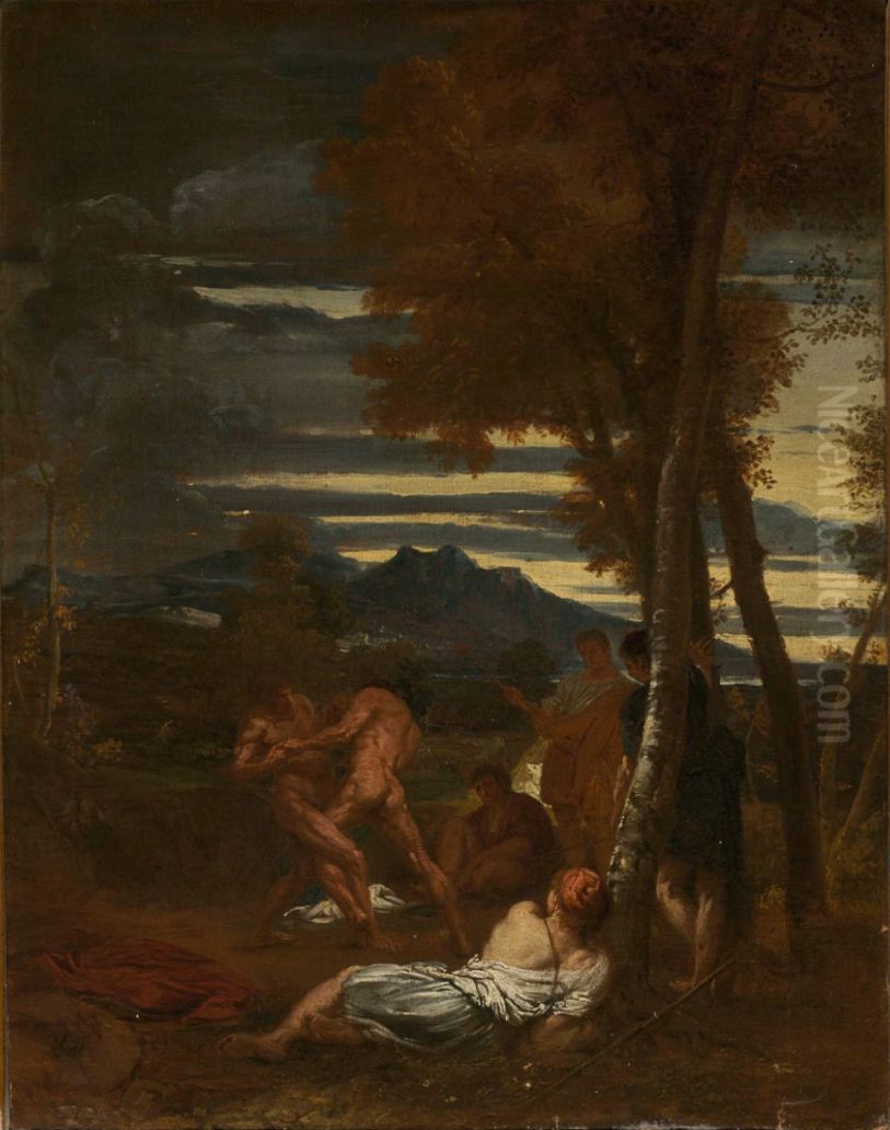 Wrestlers in a Landscape Oil Painting by Livio Mehus