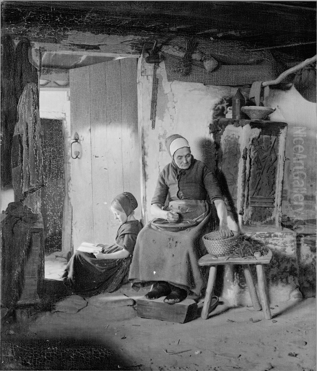 Domestic Scene in a Poor Peasant's Living-Room Oil Painting by Frederik Vermehren
