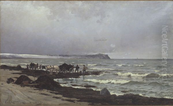 Men collecting seaweed on the beach at Hornbaek. Oil Painting by Carl Locher