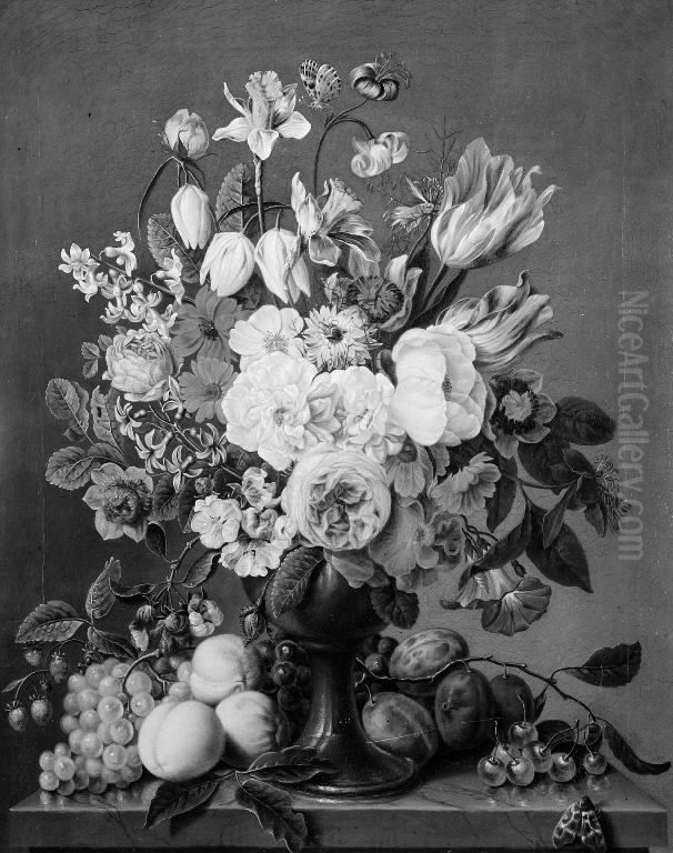 Blomster i en vase omgivet af frugter Oil Painting by Carl Christian Seydewitz