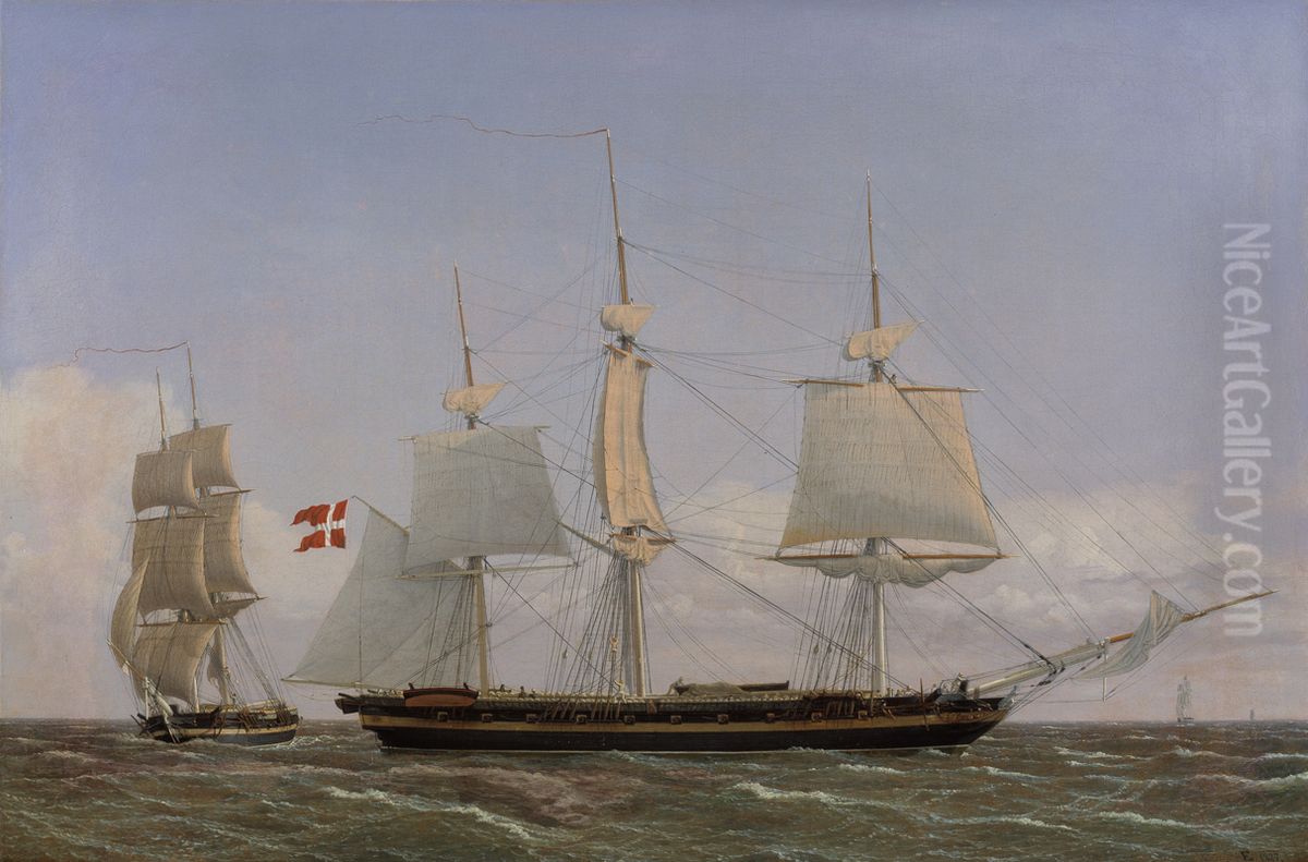 En dansk korvet, som ligger bi for at tale med en dansk orlogsbrig. Scenen er taenkt at forega i Vestindien Oil Painting by Christoffer Wilhelm Eckersberg