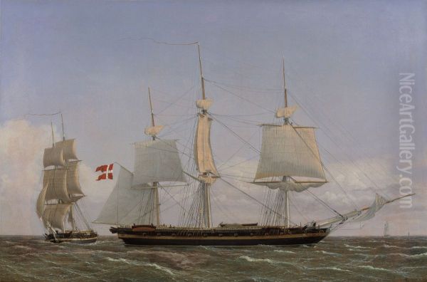 En dansk korvet, som ligger bi for at tale med en dansk orlogsbrig. Scenen er taenkt at forega i Vestindien Oil Painting by Christoffer Wilhelm Eckersberg