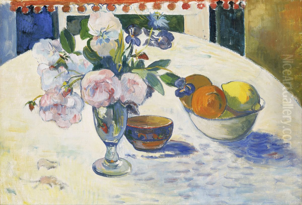 Flowers and a Bowl of Fruit on a Table Oil Painting by Paul Gauguin