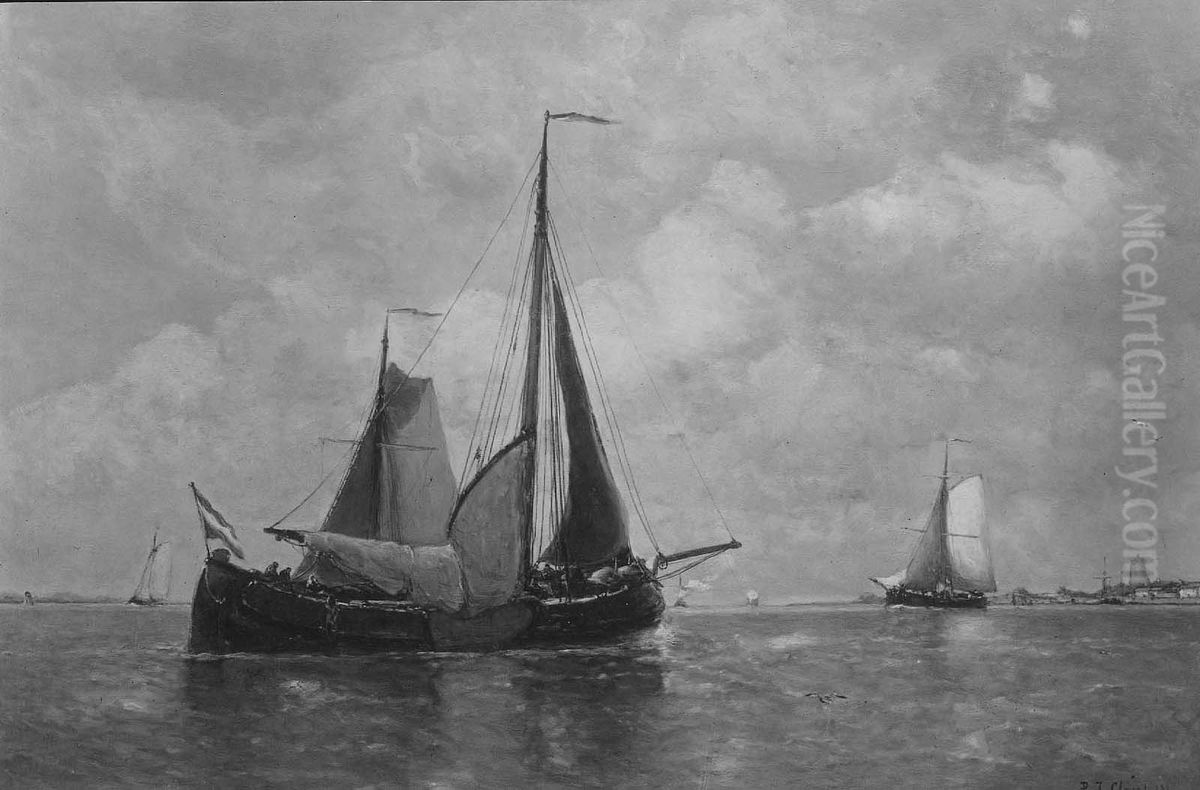 Ships on the River Waal Oil Painting by Paul Jean Clays