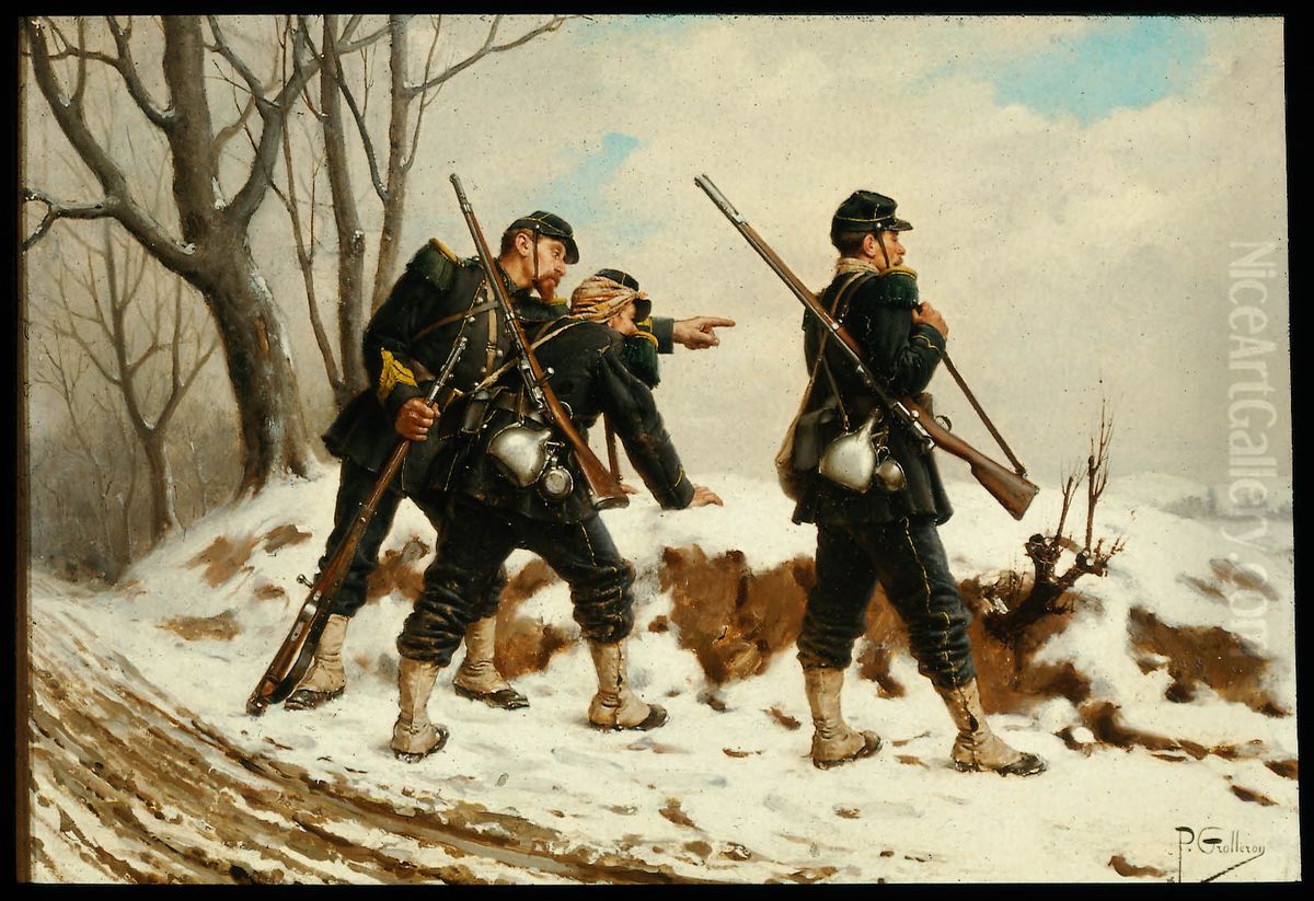 French Soldiers in the Snow Oil Painting by Paul Grolleron