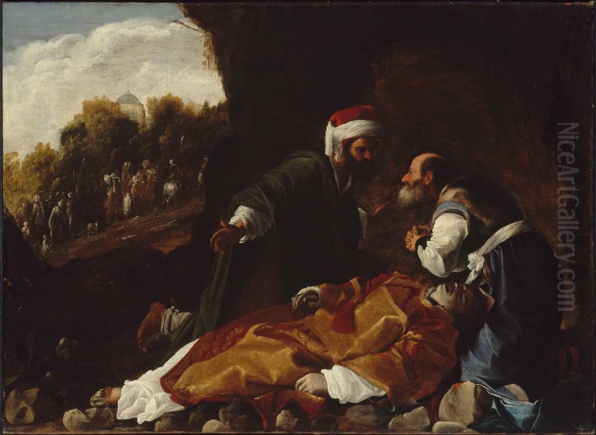 Saint Stephen Mourned by Saints Gamaliel and Nicodemus Oil Painting by Carlo Saraceni Saint Stephen Mourned by Saints Gamaliel and Nicodemus Oil Painting by Carlo Saraceni