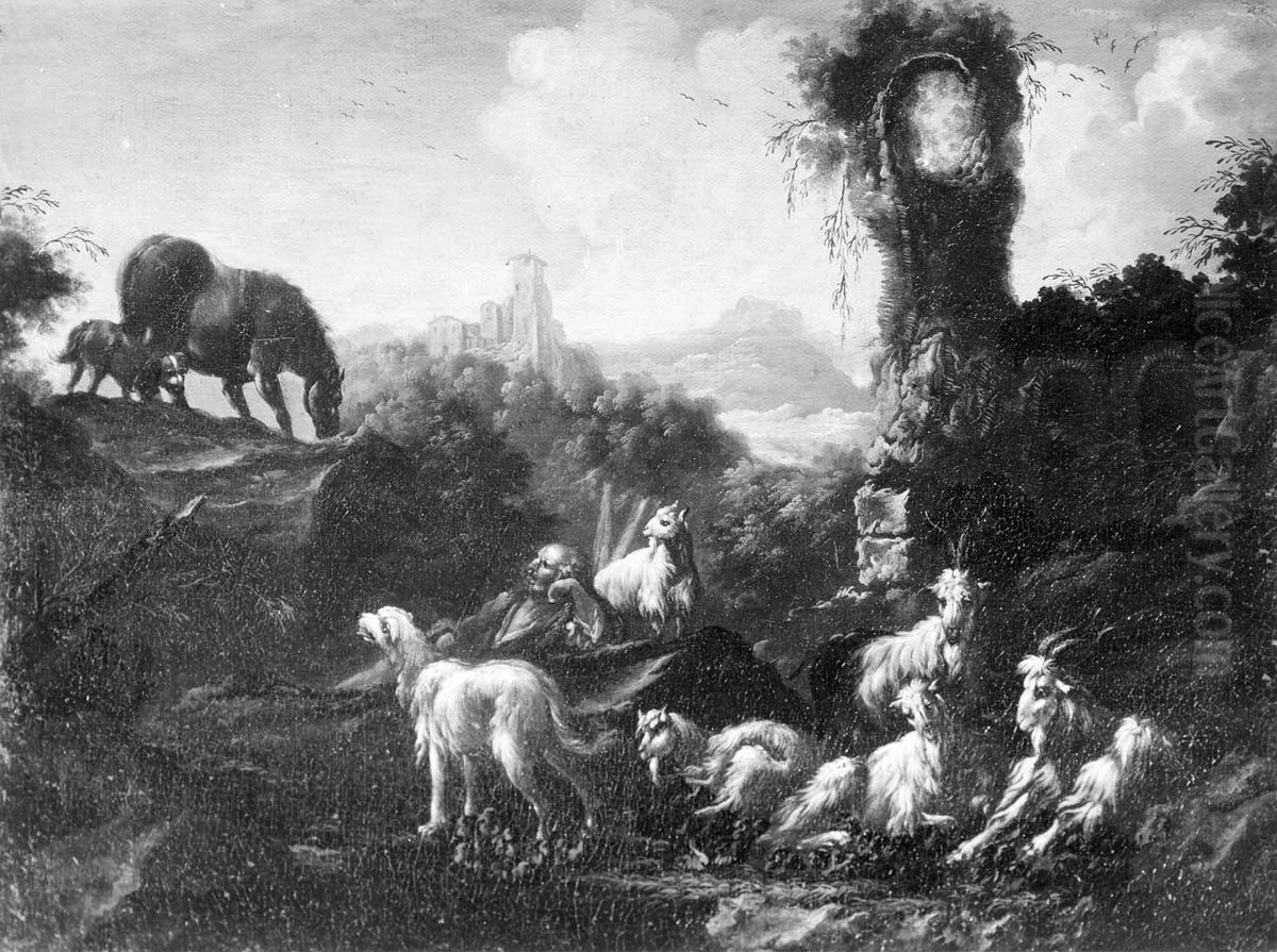 Landscape with Goatherd and Goats Oil Painting by Philipp Peter Roos