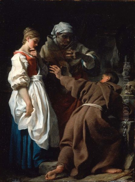 Brother Luce, the Hermit, with the Widow and her Daughter Oil Painting by Pierre Subleyras