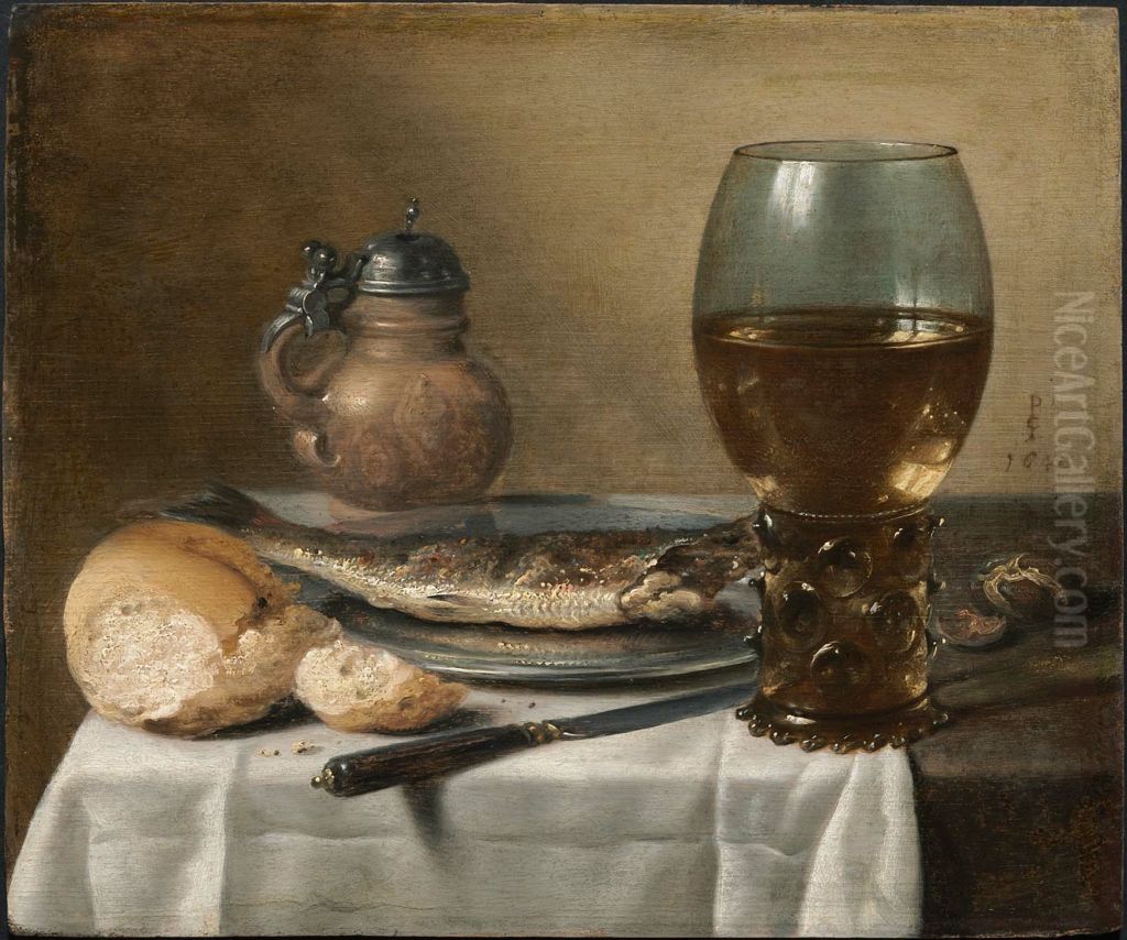 Still Life with Stoneware Jug, Wine Glass, Herring, and Bread Oil Painting by Pieter Claesz