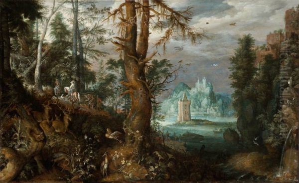 Forest Scene with Hunters Oil Painting by Roelant Savery