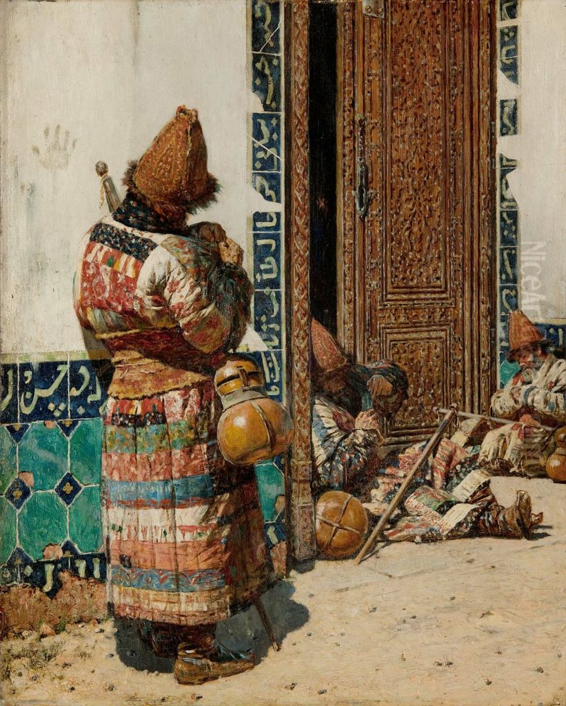 Monks at the Door of a Mosque Oil Painting by Vasily Vereshchagin