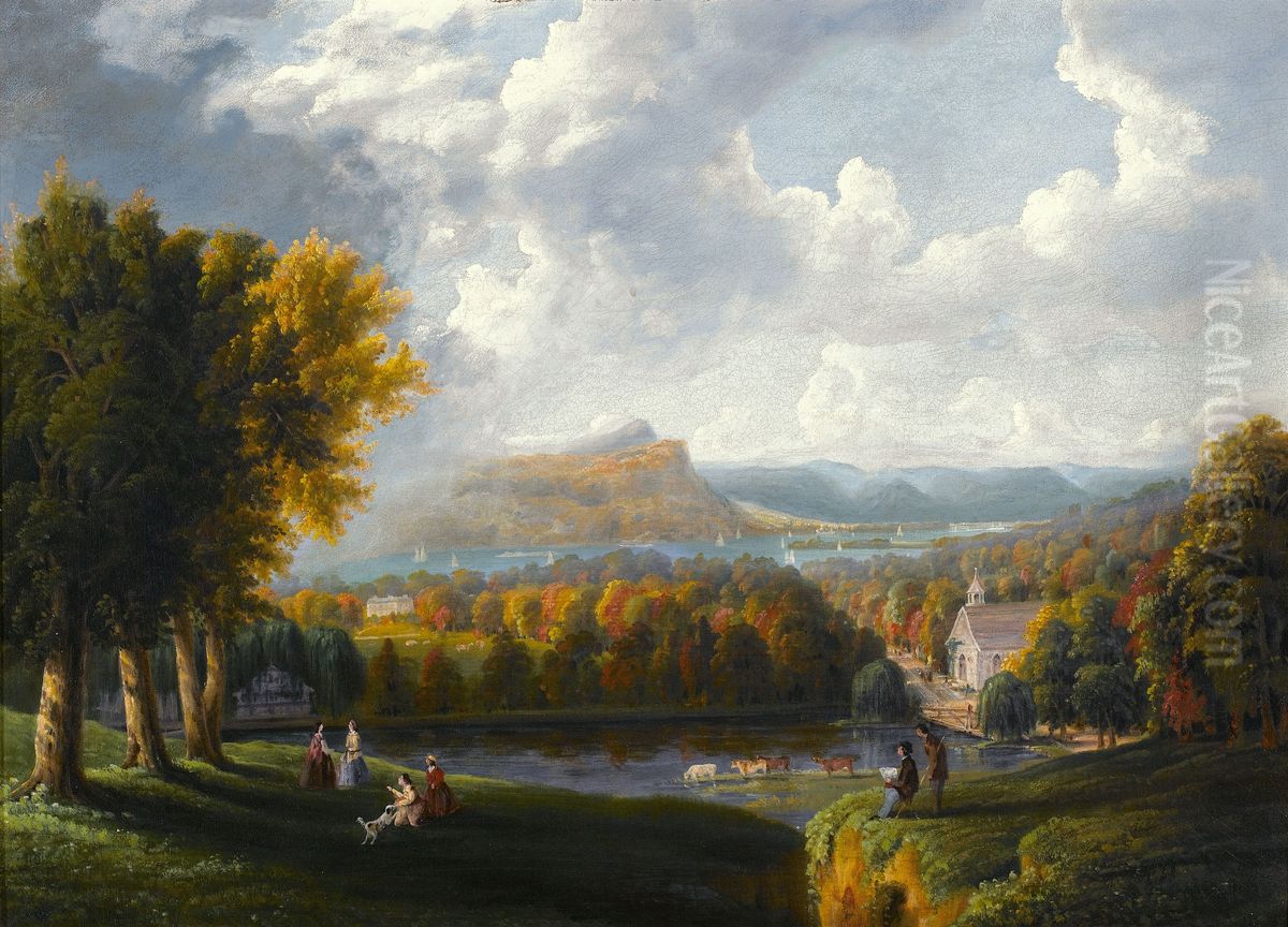 View of the Hudson River from Tarrytown, Old Dutch Church, Beekman Manor House Oil Painting by Robert Havell