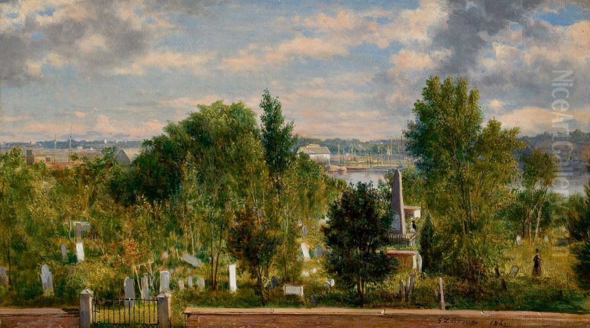 New England Landscape with Cemetery (possibly Medford, MA) Oil Painting by George Loring Brown