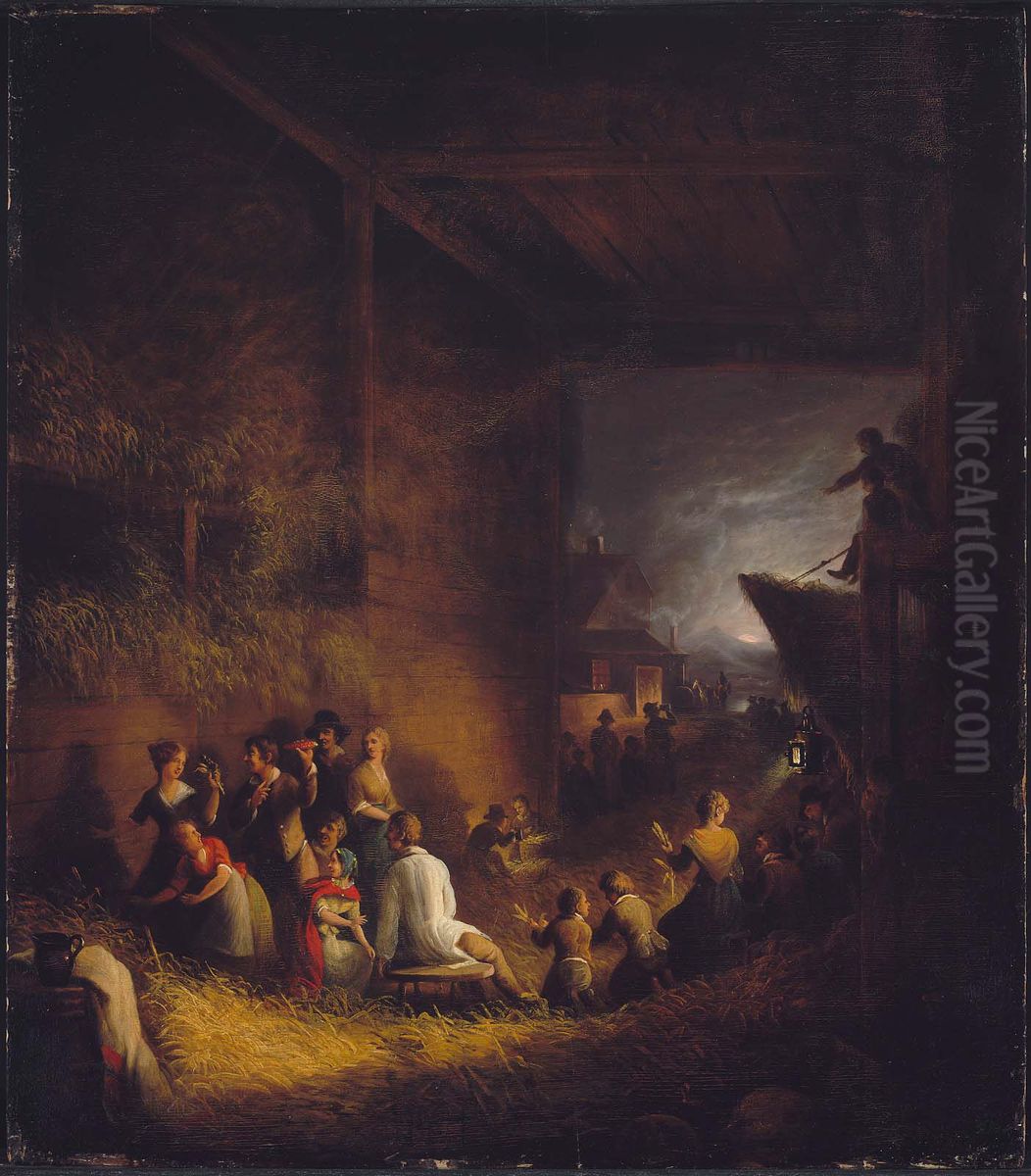 Corn Husking Frolic Oil Painting by Alvan Fisher