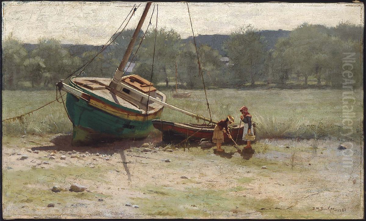 Salt Marsh Landscape with Two Children near a Beached Sailboat and Dory Oil Painting by Dennis Miller Bunker