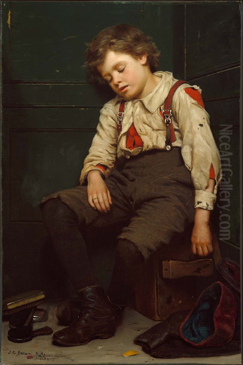 Tuckered Out -The Shoeshine Boy Oil Painting by John George Brown