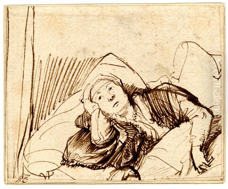 A Woman Lying awake in Bed Oil Painting by Rembrandt