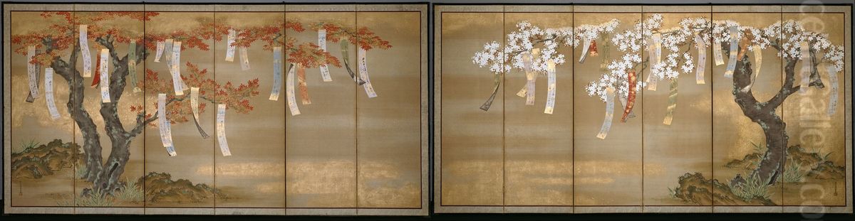 Flowering Cherry and Autumn Maples with Poem Slips Oil Painting by Mitsuoki, Tosa