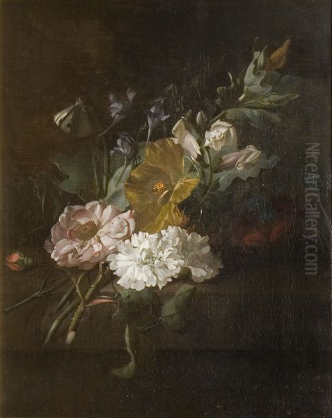 Posy of flowers on a stone ledge, with a butterfly on a stem Oil Painting by Rachel Ruysch