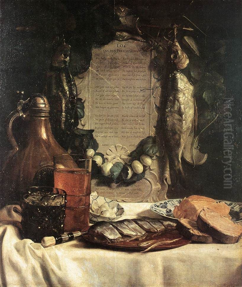 Still-Life in Praise of the Pickled Herring, with a poem by Jacob Westerbaen. Oil Painting by Joseph de Bray
