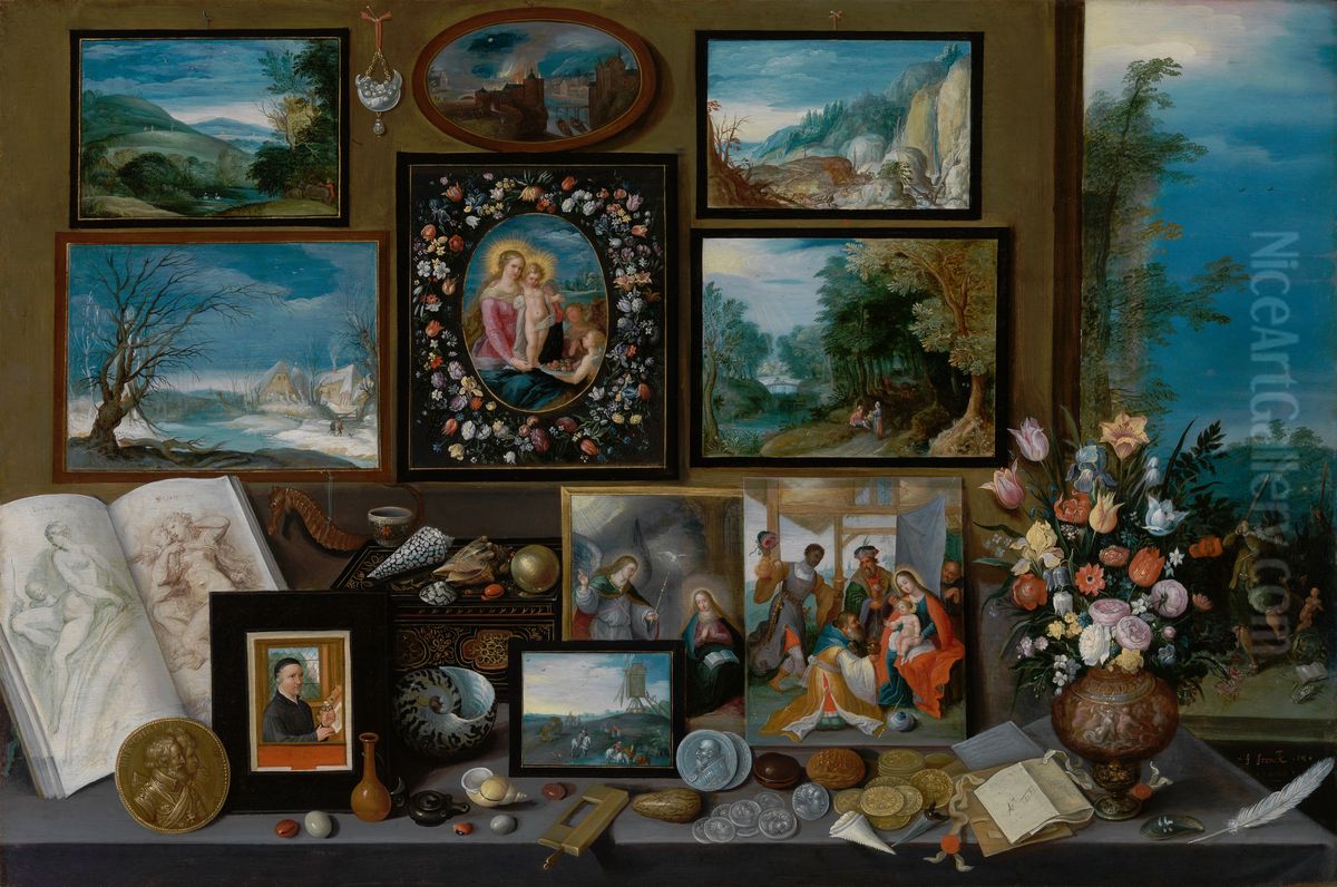 Kunstkamer met schilderijen, schelpen, munten en een boeket bloemen, met rechts kunst verwoestende ezels Oil Painting by Frans Francken the Younger