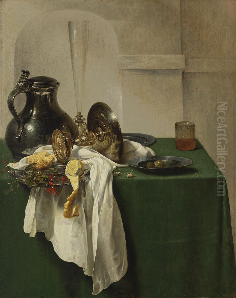 Pewter Jug and Silver Tazza on a Table Oil Painting by Jan Jansz Den Uyl
