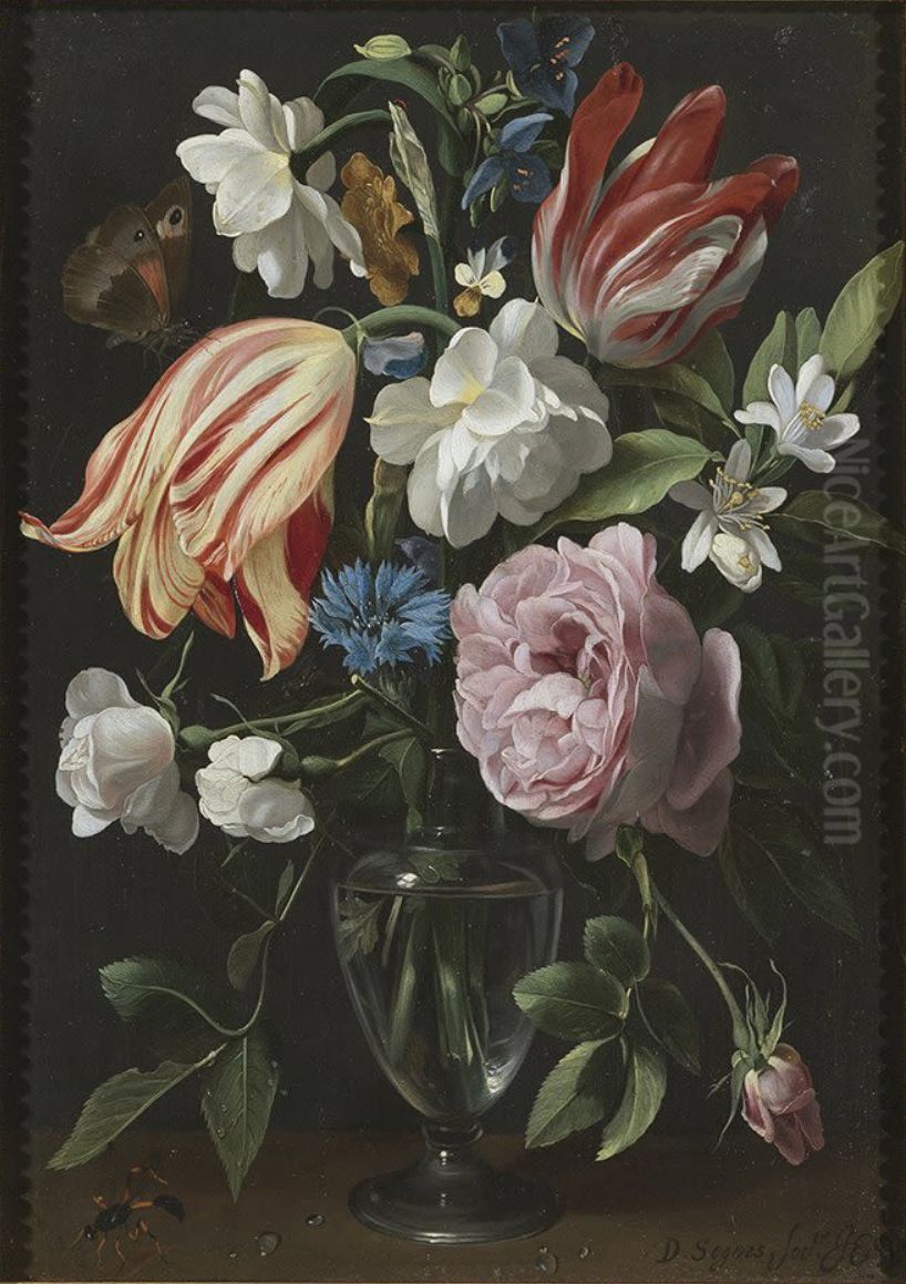 Flowers in a glass vase Oil Painting by Daniel Seghers