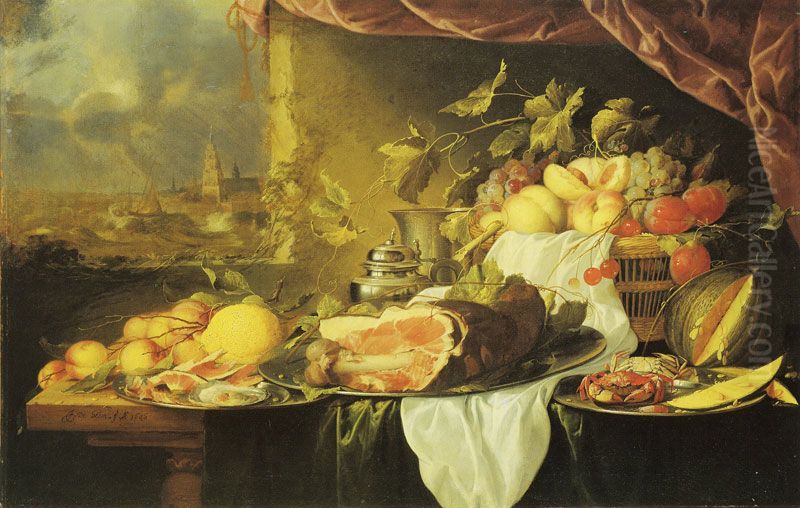 Still Life with a View of the Sea Oil Painting by Jan Davidsz. De Heem