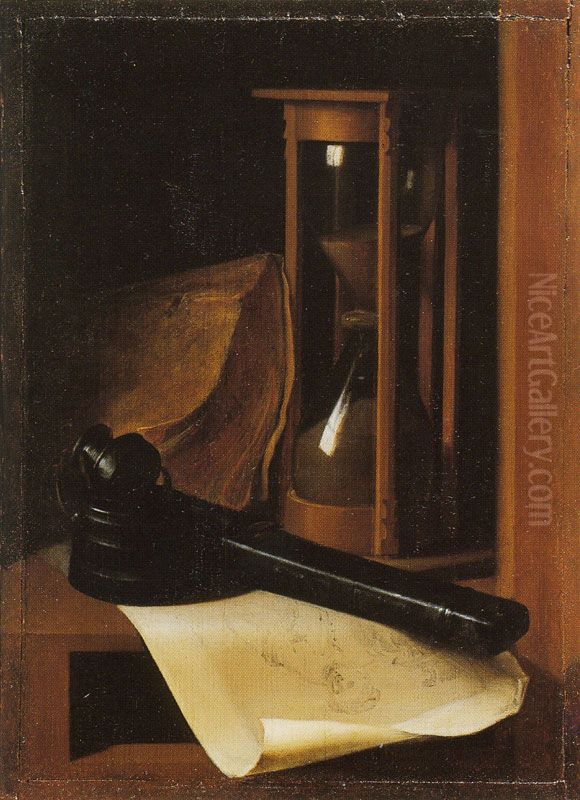 Hourglass and Inkpot on a Shelf Oil Painting by Gerrit Dou