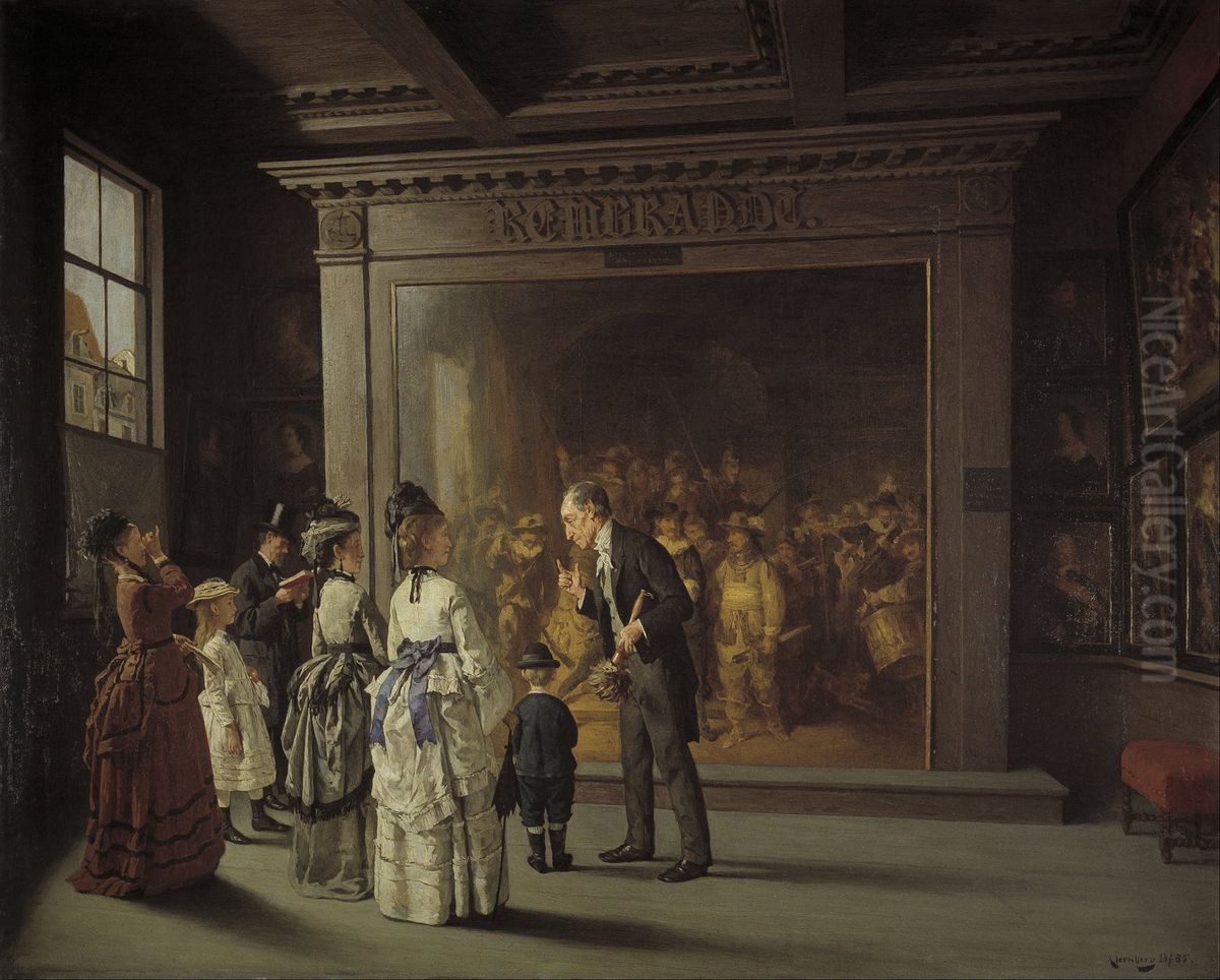 Die Besucher vor Rembrandts Nachtwache in Amsterdam Oil Painting by August Jernberg