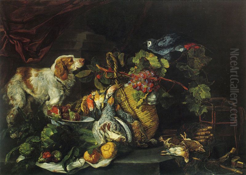 Game Birds and Fruit with a Dog and Parrot Oil Painting by Jan Fyt