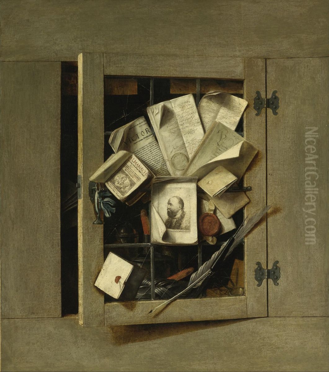An Open Cupboard Door Oil Painting by Cornelis Norbertus Gijsbrechts