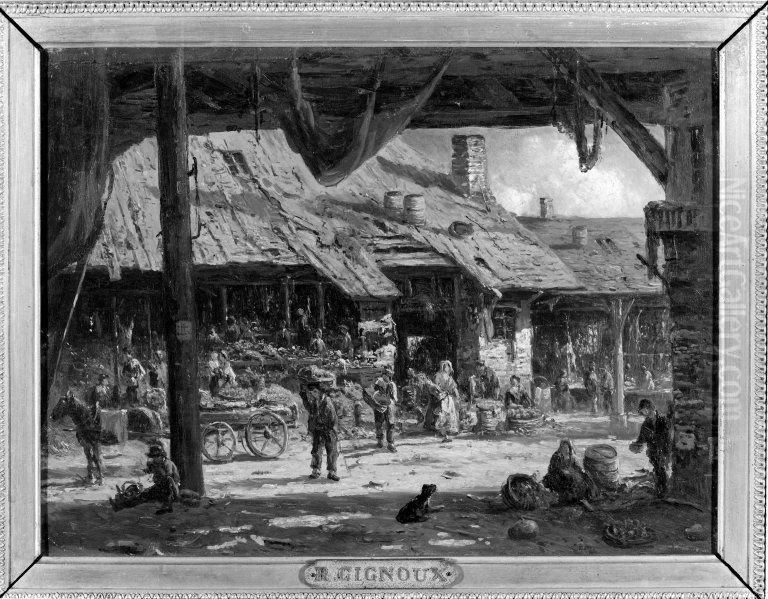 Market Scene Oil Painting by Regis Francois Gignoux
