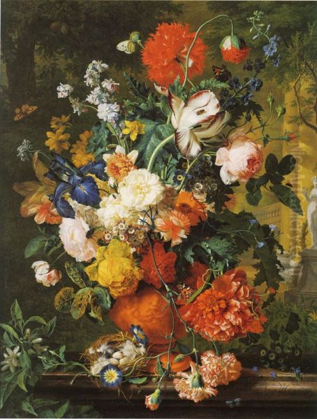 Floral still life on a marble ledge Oil Painting by Jan Van Huysum