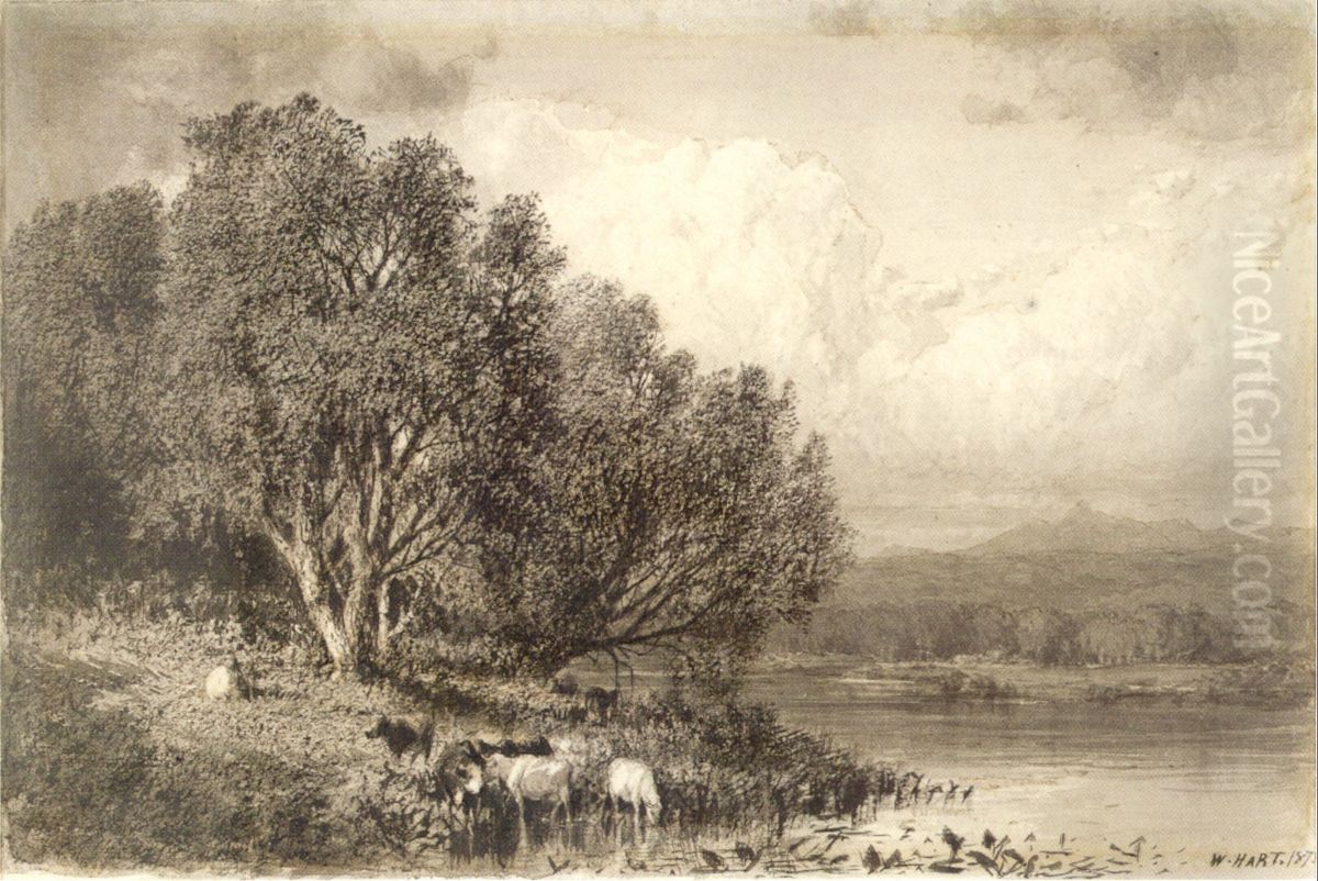 Grazing by the River Oil Painting by William Hart