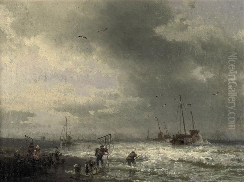 Fishermen on the beach Oil Painting by Hermann Ottomar Herzog