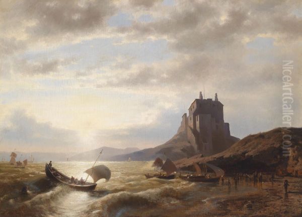 Kustenlandschaft mit Fischern Oil Painting by Hermann Ottomar Herzog