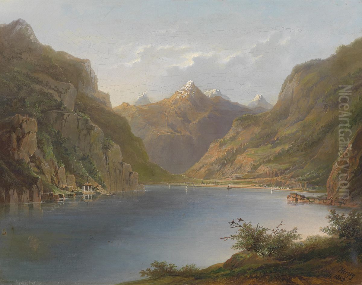 Vierwaldstattersee mit Blick auf die Tellkapelle Oil Painting by Hermann Ottomar Herzog Vierwaldstattersee mit Blick auf die Tellkapelle Oil Painting by Hermann Ottomar Herzog