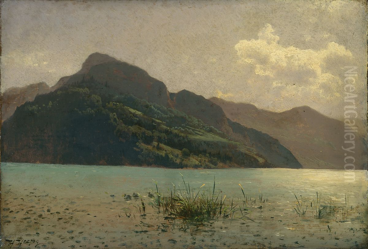 View ofLake LucerneoppositeBrunnen Oil Painting by Hermann Ottomar Herzog