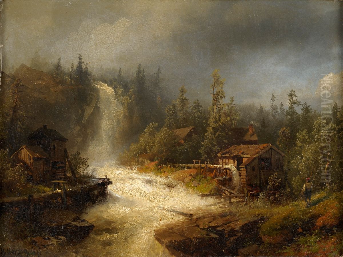 Water Mill Oil Painting by Hermann Ottomar Herzog