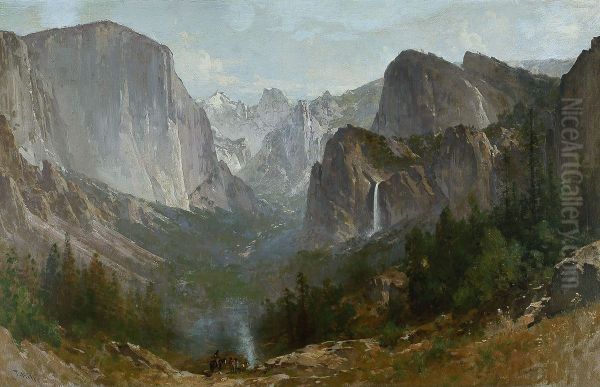 Indians at Campfire, Yosemite Valley, California Oil Painting by Thomas Hill
