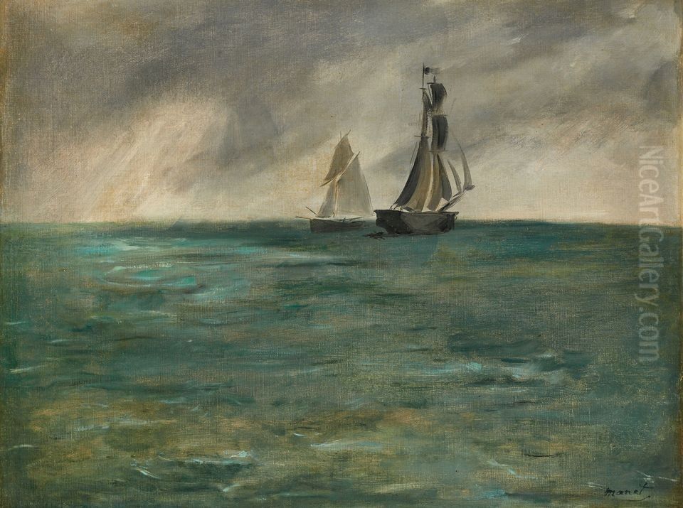 Sailing Ships at Sea Oil Painting by Edouard Manet