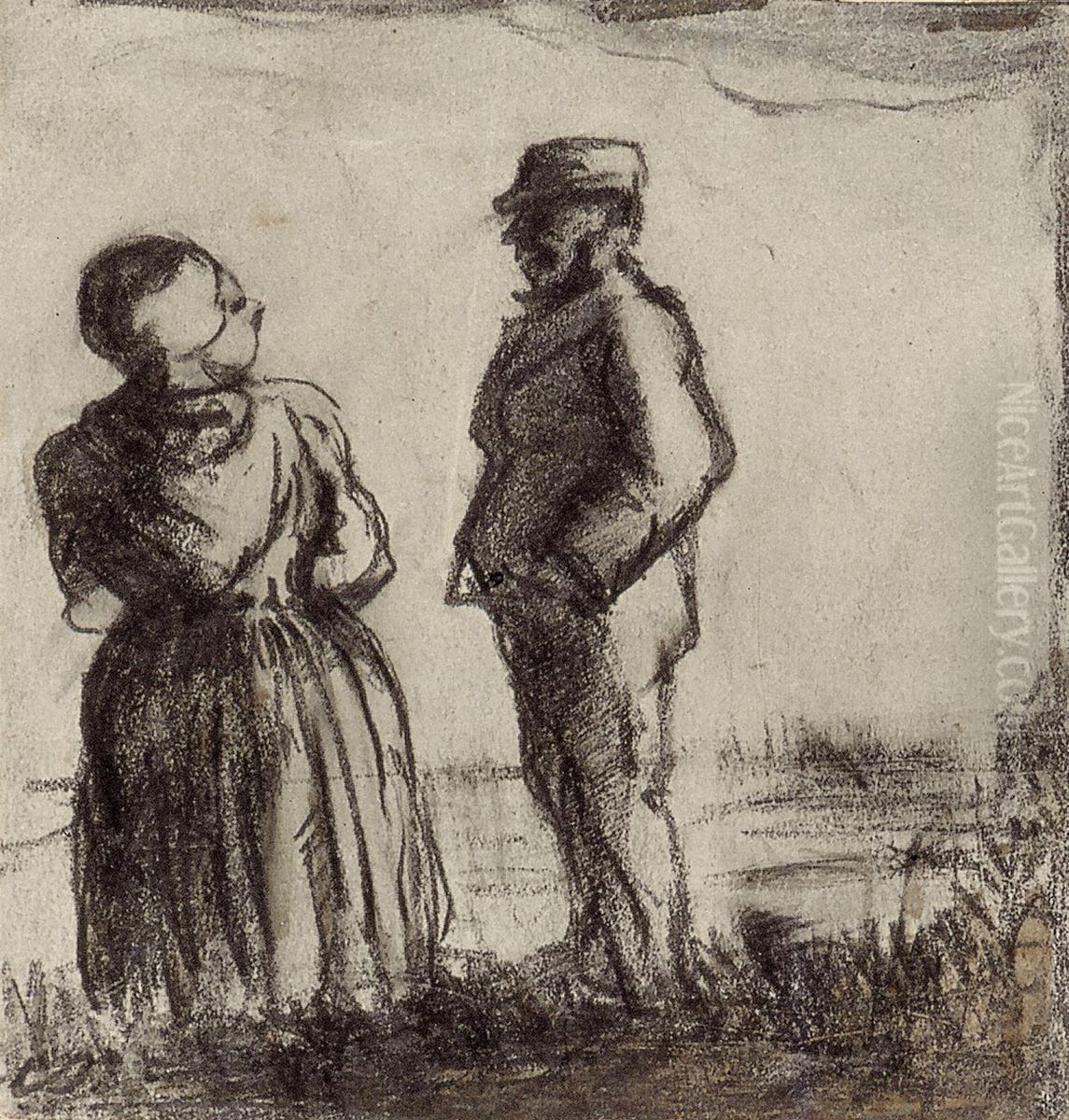 Farmer and His Wife in a Landscape Oil Painting by Theo van Doesburg