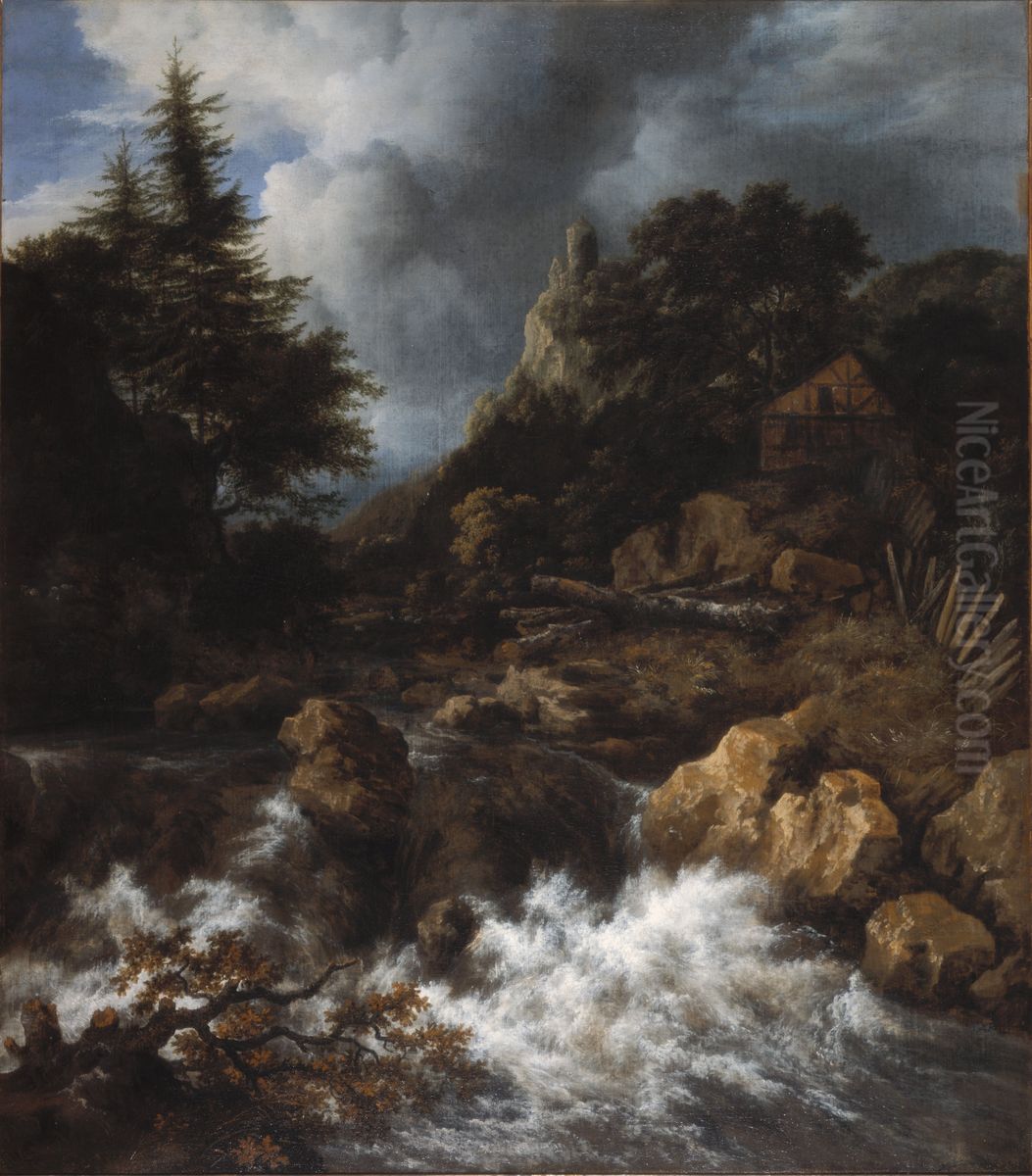 Waterfall with a Half-Timbered House and Castle Oil Painting by Jacob Van Ruisdael