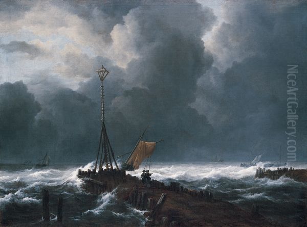 Schepen in een storm voor de kust met midden voor een golfbreker met een baken Oil Painting by Jacob Van Ruisdael