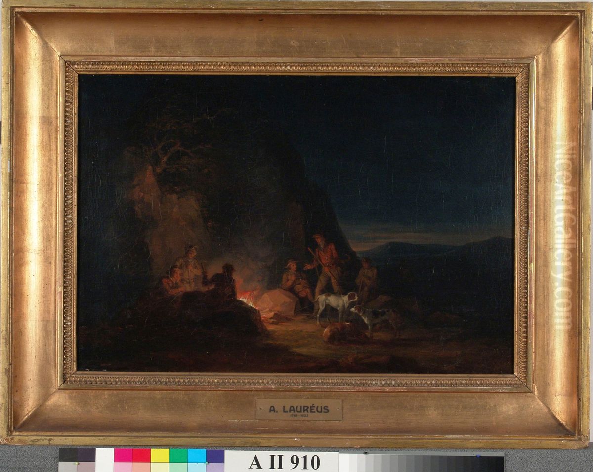 Metsastajia nuotiolla Oil Painting by Aleksander Laureus