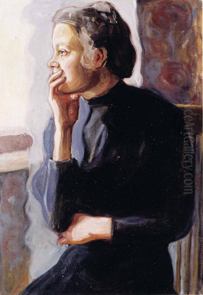 Akkunan aaressa Oil Painting by Yrjo Ollila