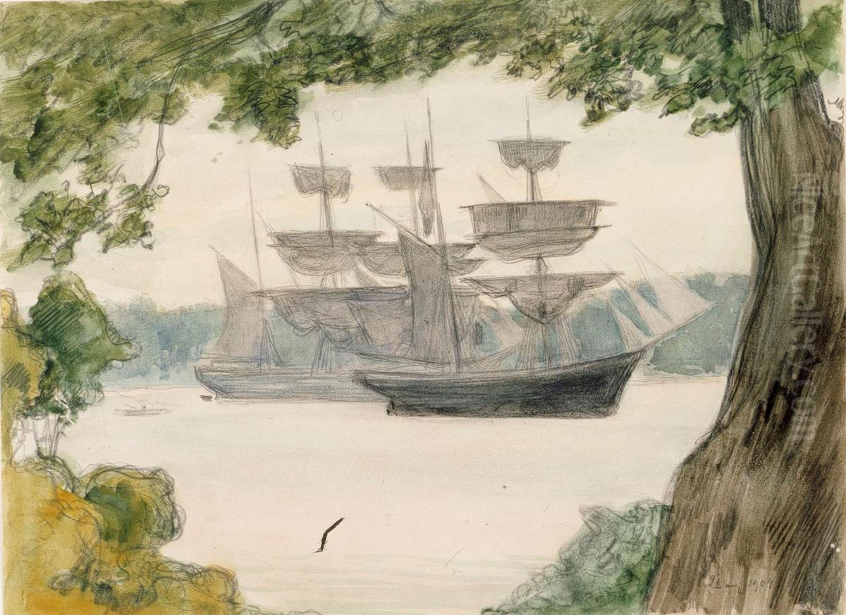 Sailing Boats in Landscape Oil Painting by Albert Edelfelt