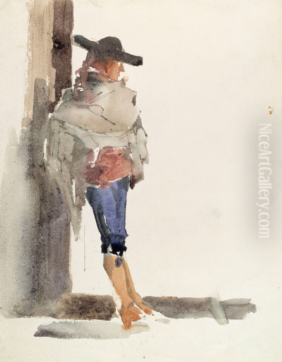 Spaniard Leaning on a Wall, Study Oil Painting by Albert Edelfelt